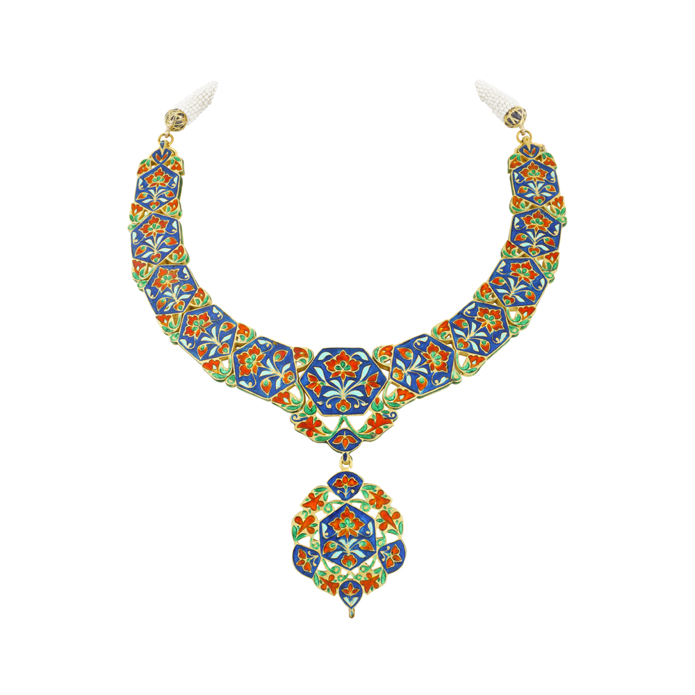 Polki Necklace with Blue Enamel and Central Polki Pendant